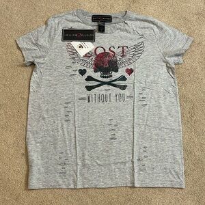 NWT Polly & Esther Gray Tee, "Lost without you", distressed/holes, size Large